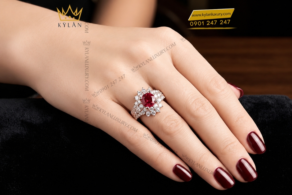 Nhẫn nữ vàng hồng Au750 đính kim cương và sapphire đỏ 