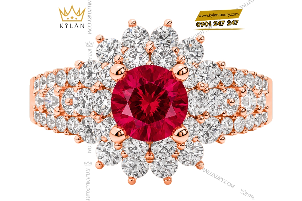 Nhẫn nữ vàng hồng Au750 đính kim cương và sapphire đỏ 