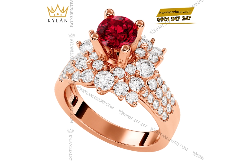 Kỳ Lân Luxury Nhan vang hong Au750 dinh kim cuong va sapphire do 3 Nhẫn nữ vàng hồng Au750 đính kim cương và sapphire đỏ