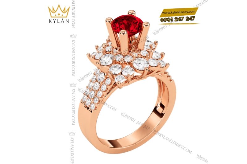 Nhẫn nữ vàng hồng Au750 đính kim cương và sapphire đỏ