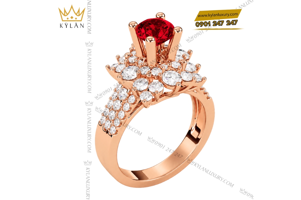 Kỳ Lân Luxury Nhan vang hong Au750 dinh kim cuong va sapphire do 4 Nhẫn nữ vàng hồng Au750 đính kim cương và sapphire đỏ