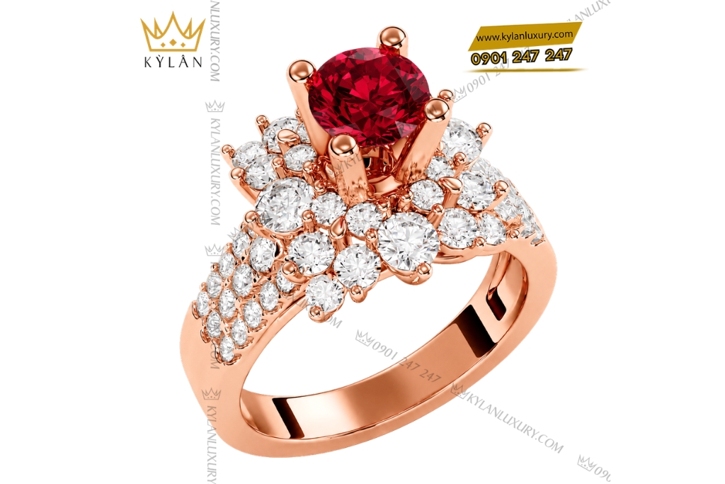 Nhẫn nữ vàng hồng Au750 đính kim cương và sapphire đỏ 