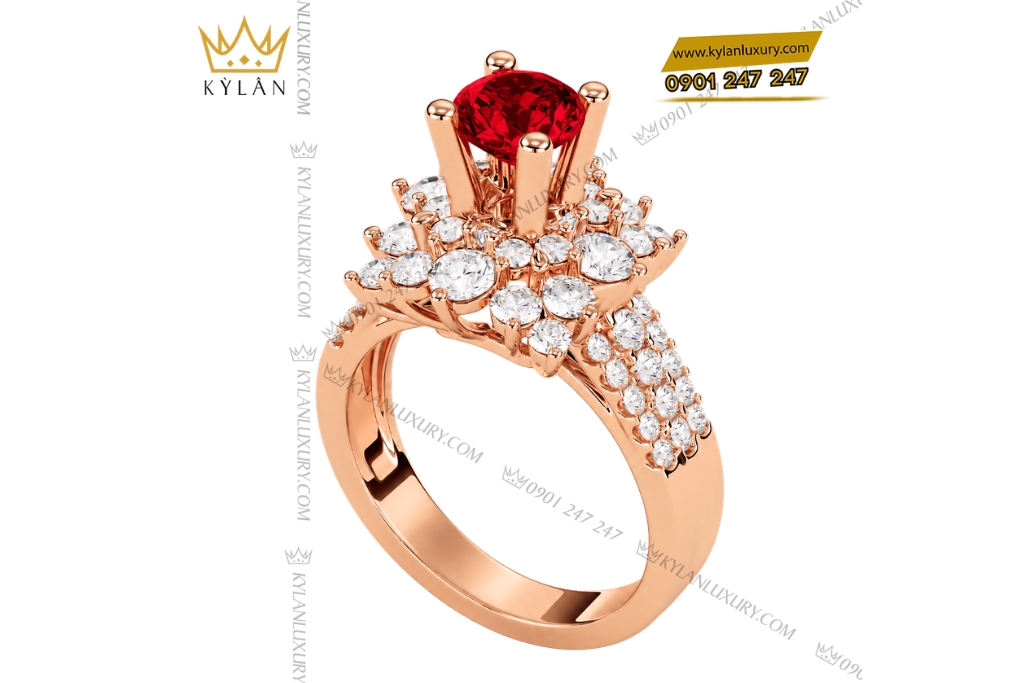 Nhẫn nữ vàng hồng Au750 đính kim cương và sapphire đỏ 