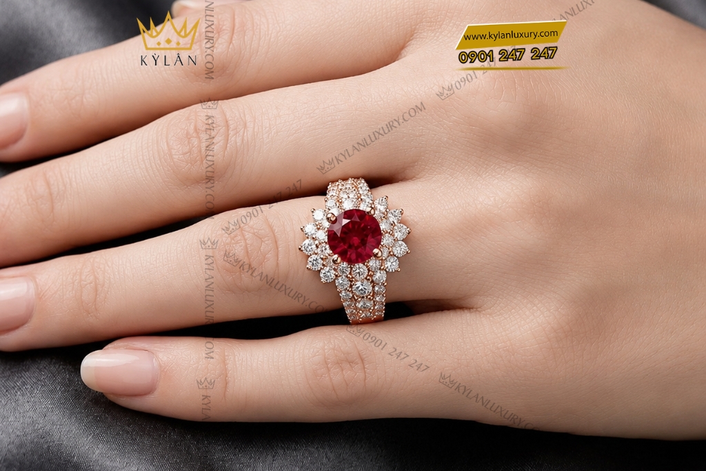 Nhẫn nữ vàng hồng Au750 đính kim cương và sapphire đỏ 