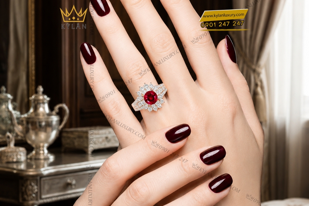 Kỳ Lân Luxury Nhan vang hong Au750 dinh kim cuong va sapphire do 9 Nhẫn nữ vàng hồng Au750 đính kim cương và sapphire đỏ