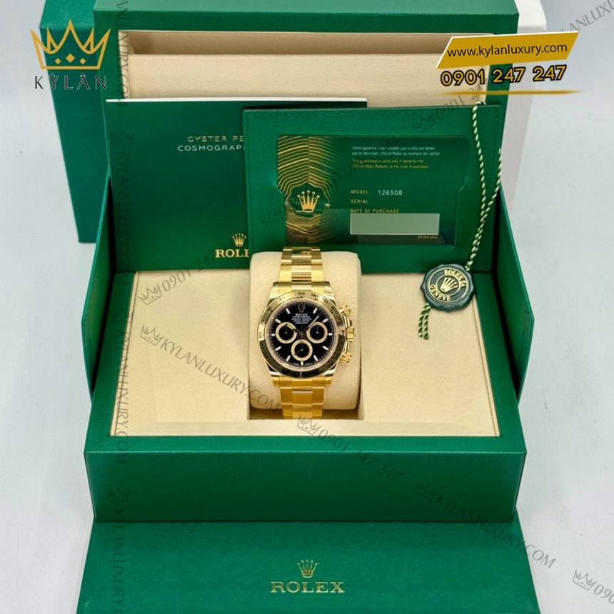 Kỳ Lân Luxury rolex cosmograph daytona 126508 0004 vang vang mat so den 9 Đồng hồ Rolex Cosmograph Daytona vàng vàng mặt số đen 126508-0004