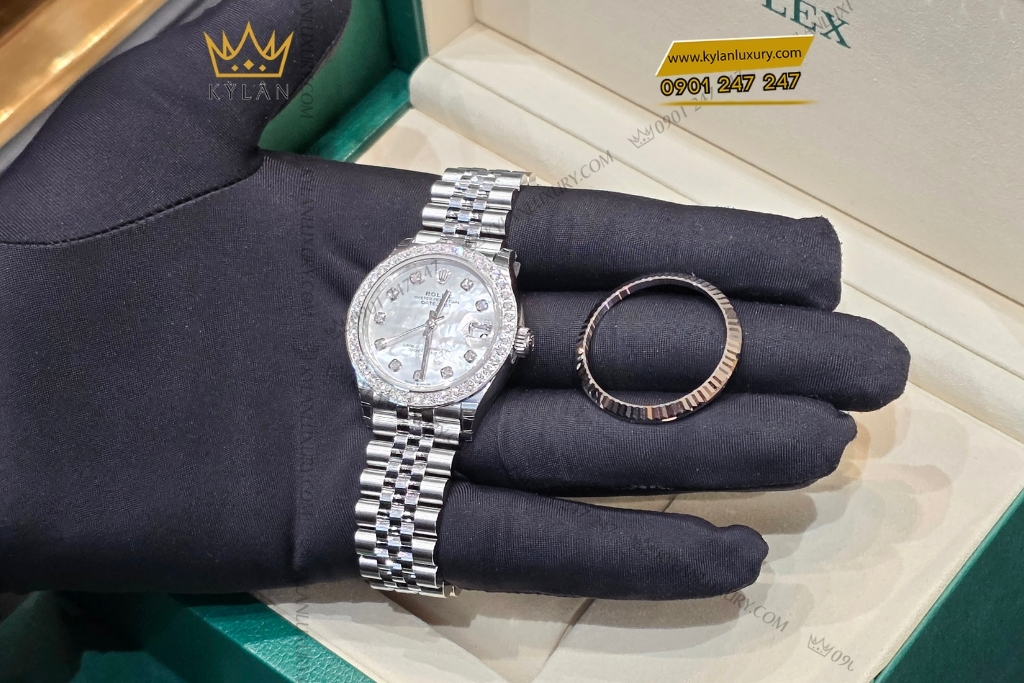 Kỳ Lân Luxury rolex datejust 31 m278274 0006 custom vanh kim 11 Đồng hồ Rolex Datejust 31 xà cừ custom vành kim tròn 278274-0006