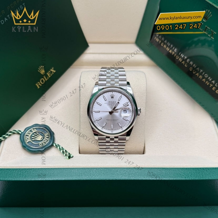 Kỳ Lân Luxury rolex datejust 36 126200 0001 mat so bac 4 Đồng hồ Rolex Datejust 36 mặt bạc vành trơn 126200-0001