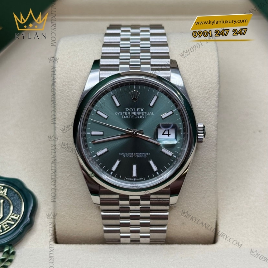 Kỳ Lân Luxury rolex datejust 36 126200 0023 xanh mint vanh tron 5 Đồng hồ Rolex Datejust 36 xanh mint vành trơn 126200-0023