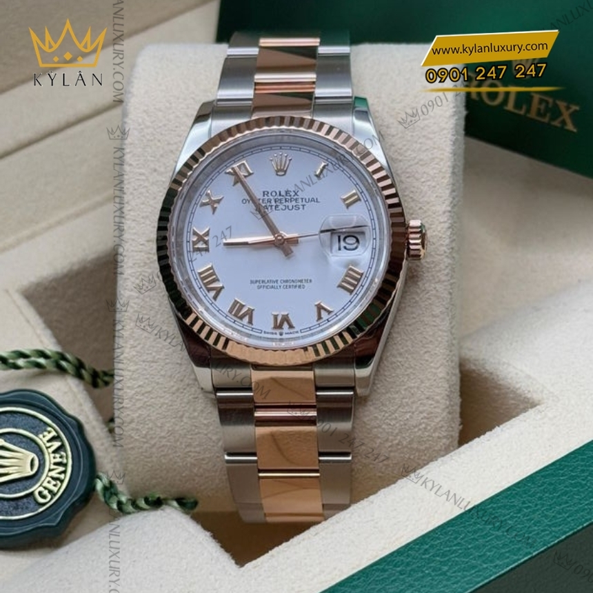 Kỳ Lân Luxury rolex datejust 36 126231 0046 trang la ma 4 Đồng hồ Rolex Datejust 36 mặt trắng La Mã 126231-0046