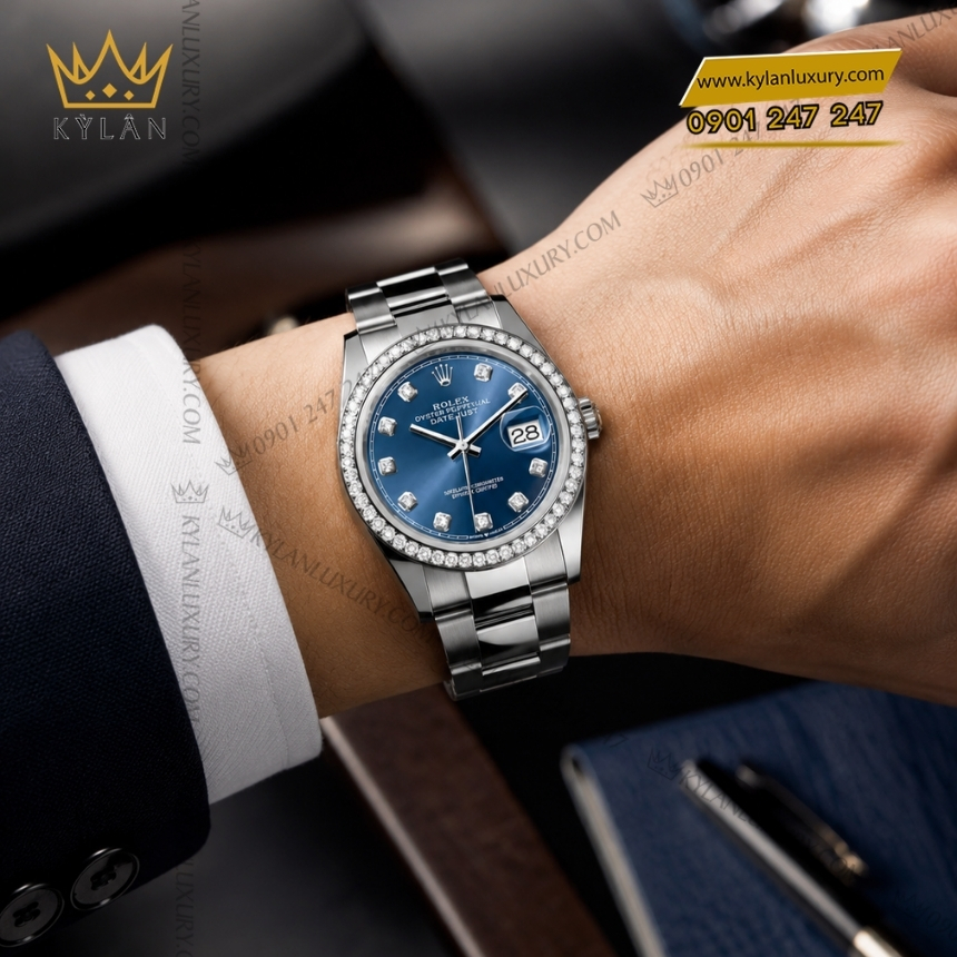 Kỳ Lân Luxury rolex datejust 36 126284rbr 0030 xanh duong vanh kim 10 Đồng hồ Rolex Datejust 36 xanh dương cọc kim 126284RBR-0030