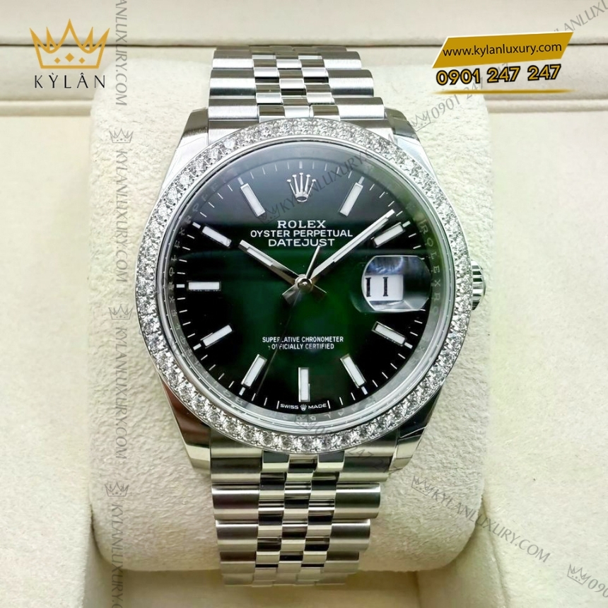 Kỳ Lân Luxury rolex datejust 36 126284rbr 0051 xanh ombre vanh kim 2 1 Đồng hồ Rolex Datejust 36 xanh ombré dạ quang 126284RBR‑0051