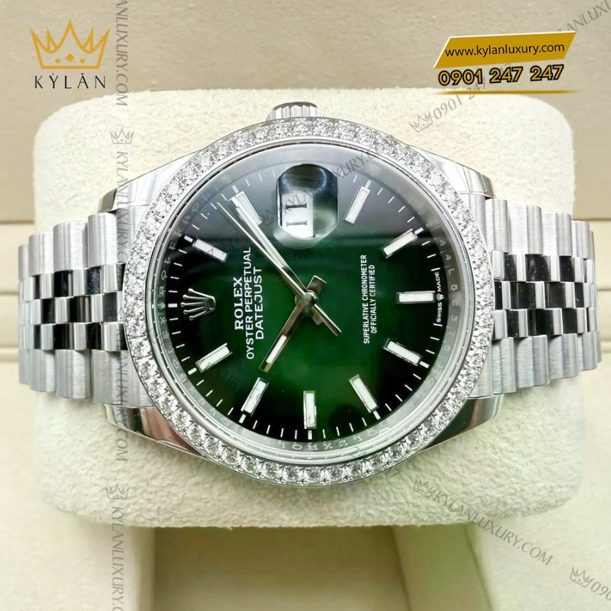 Kỳ Lân Luxury rolex datejust 36 126284rbr 0051 xanh ombre vanh kim 3 1 Đồng hồ Rolex Datejust 36 xanh ombré dạ quang 126284RBR‑0051