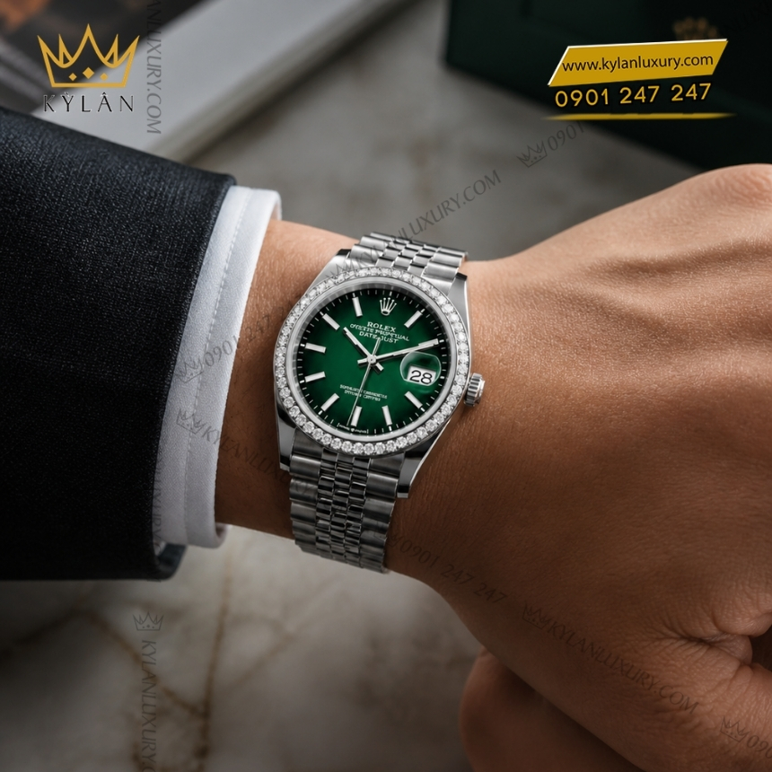 Kỳ Lân Luxury rolex datejust 36 126284rbr 0051 xanh ombre vanh kim 5 Đồng hồ Rolex Datejust 36 xanh ombré dạ quang 126284RBR‑0051