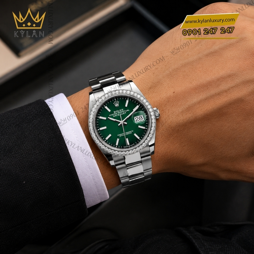 Kỳ Lân Luxury rolex datejust 36 126284rbr 0052 xanh ombre vanh kim 2 Đồng hồ Rolex Datejust 36 xanh ombré vành kim 126284RBR-0052
