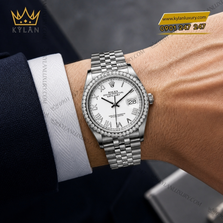 Kỳ Lân Luxury rolex datejust 36 126284rbr 0053 trang la ma 2 Đồng hồ Rolex Datejust 36 mặt trắng La Mã 126284RBR‑0053