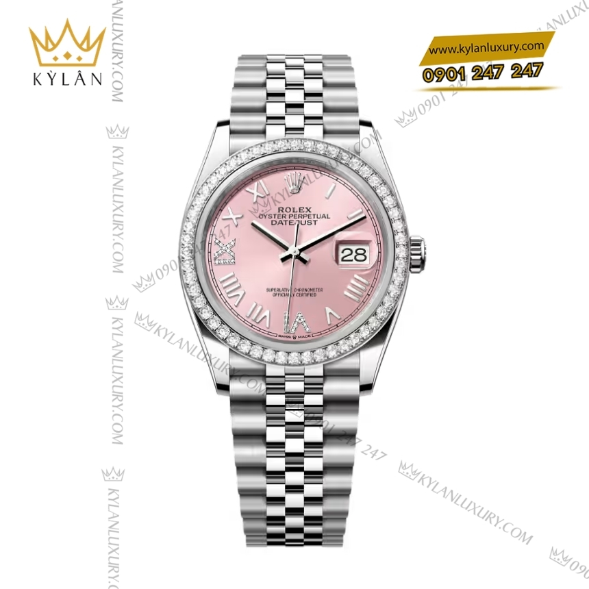 Kỳ Lân Luxury rolex datejust 36 126284rbr 0057 hong vanh kim 3 Đồng hồ Rolex Datejust 36 hồng pha lê vành kim 126284RBR‑0057