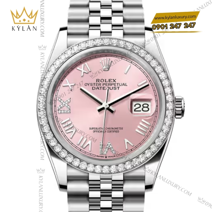 Kỳ Lân Luxury rolex datejust 36 126284rbr 0057 hong vanh kim 5 Đồng hồ Rolex Datejust 36 hồng pha lê vành kim 126284RBR‑0057