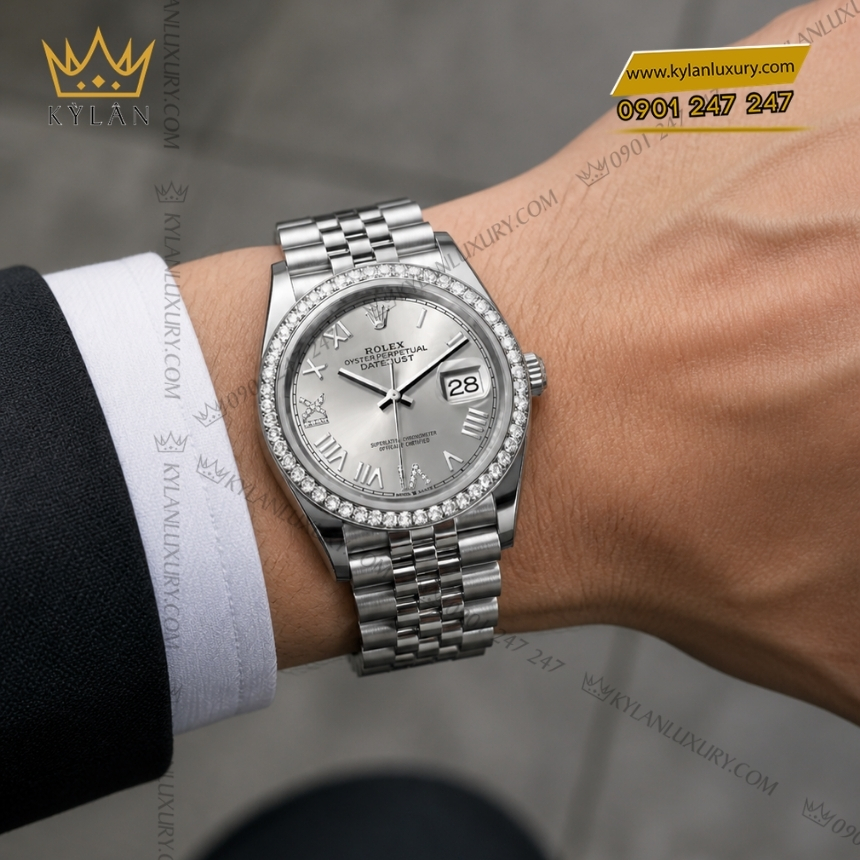 Kỳ Lân Luxury rolex datejust 36 126284rbr 0059 bac vanh kim 3 Đồng hồ Rolex Datejust 36 mặt bạc vành kim 126284RBR-0059