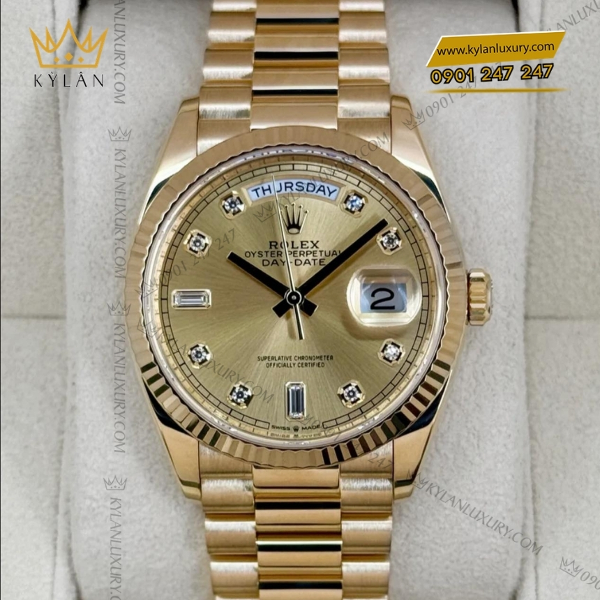 Kỳ Lân Luxury rolex day date 128238 0008 mat champagne kim cuong 2 Đồng hồ Rolex Day Date mặt champagne kim cương 128238-0008