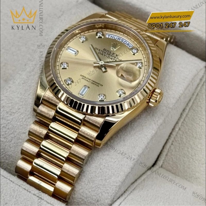 Đồng hồ Rolex Day Date mặt champagne kim cương 128238-0008