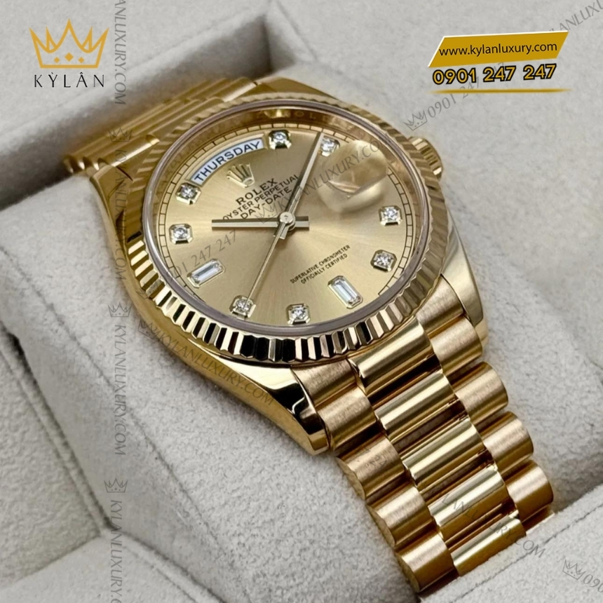 Kỳ Lân Luxury rolex day date 128238 0008 mat champagne kim cuong 5 Đồng hồ Rolex Day Date mặt champagne kim cương 128238-0008