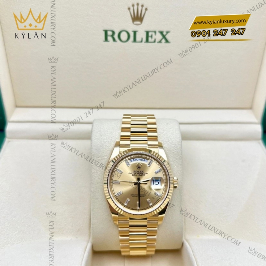 Kỳ Lân Luxury rolex day date 128238 0132 champagne coc baguette 2 Đồng hồ Rolex Day Date champagne cọc kim baguette 128238-0132