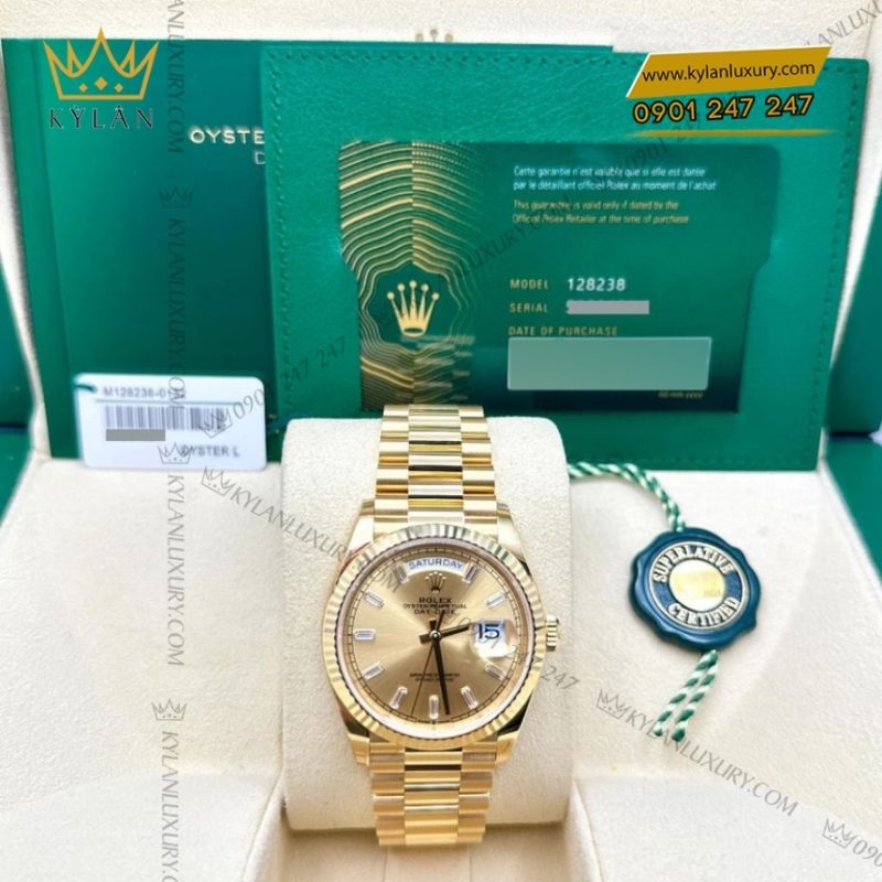 Đồng hồ Rolex Day Date champagne cọc kim baguette 128238-0132