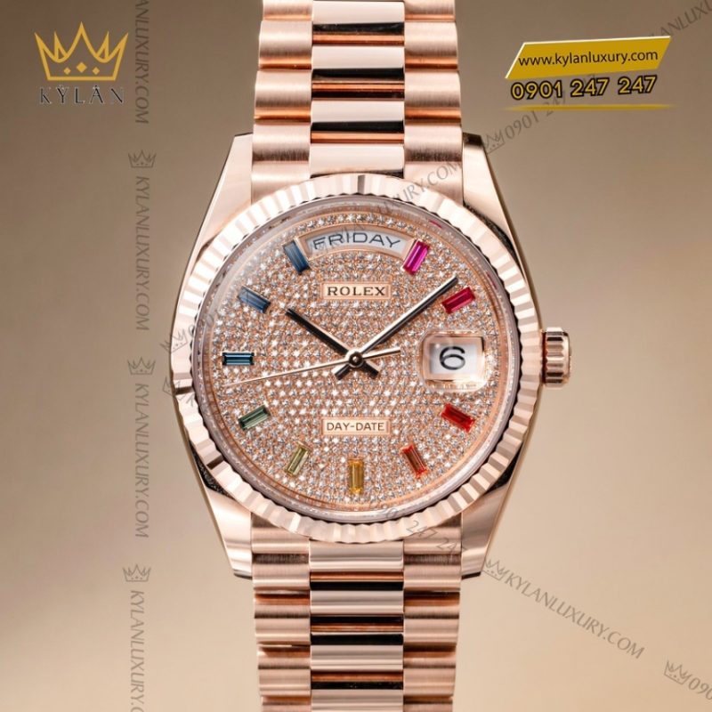 Đồng hồ Rolex Day Date 36 mặt số kim cương, cọc rainbow 128235-0039