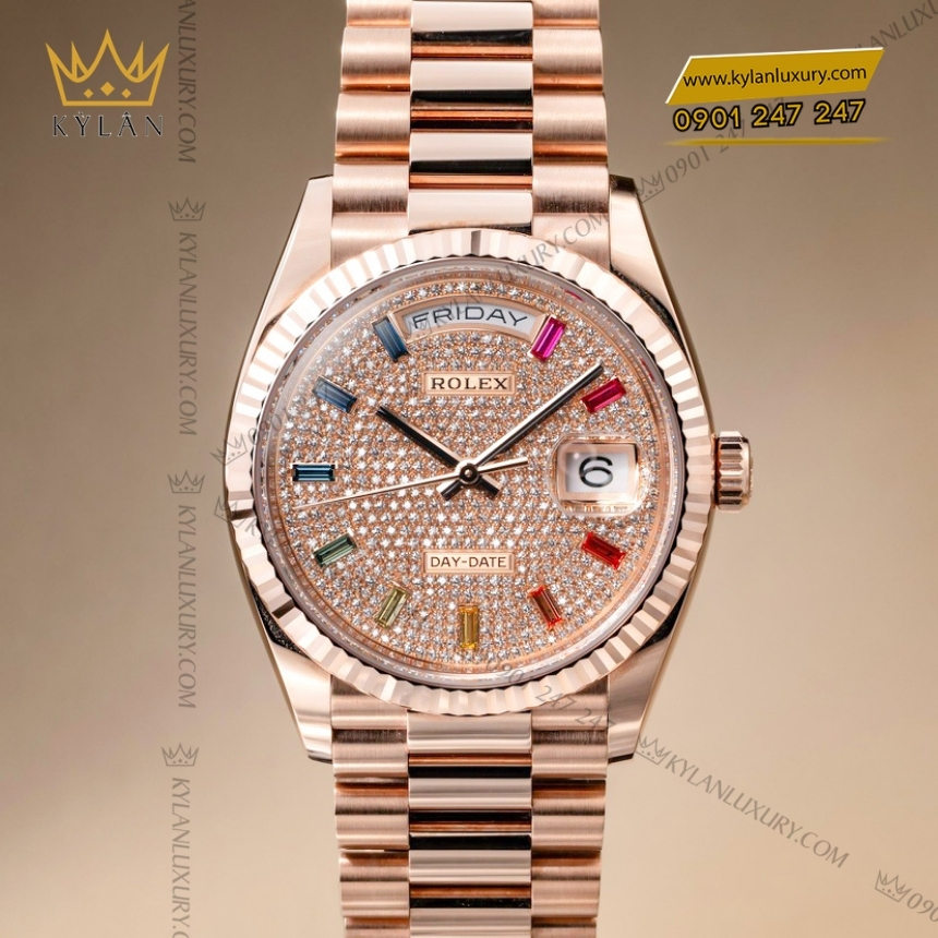 Kỳ Lân Luxury rolex day date 36 128235 0039 coc so rainbow 3 Đồng hồ Rolex Day Date 36 mặt số kim cương, cọc rainbow 128235-0039