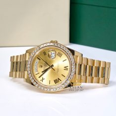 Đồng hồ Rolex Day Date champagne custom vành kim tròn 228238