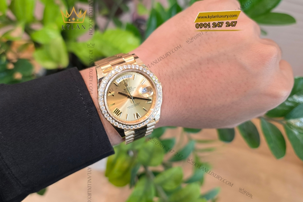 Kỳ Lân Luxury rolex day date champagne custom vanh kim tron 228238 8 Đồng hồ Rolex Day Date champagne custom vành kim tròn 228238