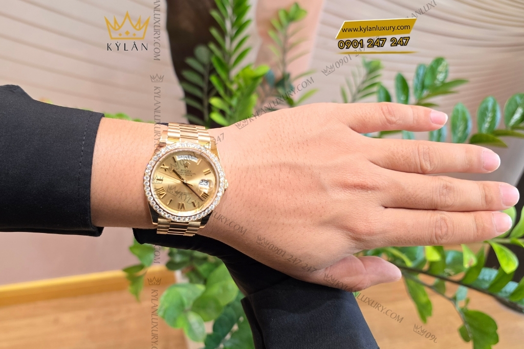 Kỳ Lân Luxury rolex day date champagne custom vanh kim tron 228238 9 Đồng hồ Rolex Day Date champagne custom vành kim tròn 228238
