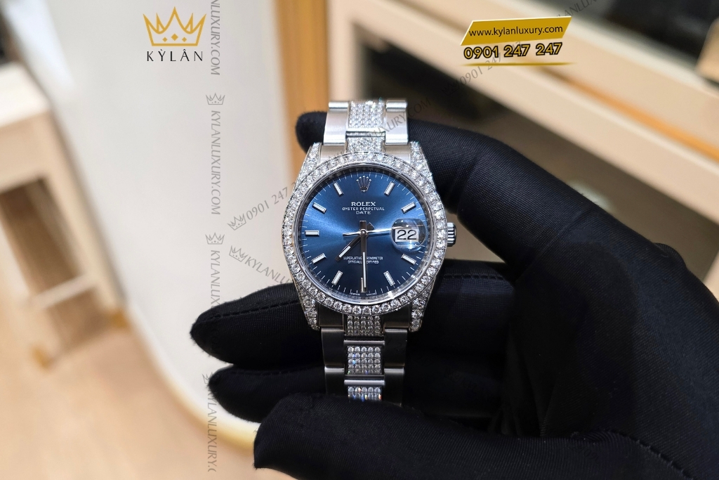 Kỳ Lân Luxury rolex oyster perpetual date 34 115200 custom kim cuong 8 Đồng hồ Rolex Oyster Perpetual Date 34 115200 custom kim cương