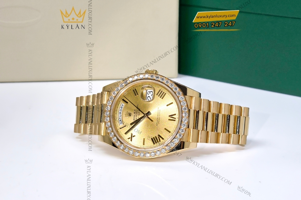 Kỳ Lân Luxury vanh bezel vang vang kim cuong tron 40mm 6 Vành bezel Rolex vàng vàng kim cương tròn 40mm