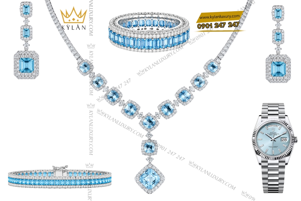 Kỳ Lân Luxury Bo trang suc kim cuong dinh da Topaz 2 Bộ trang sức kim cương đính đá Topaz