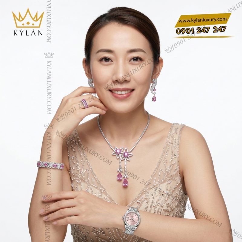 Bộ trang sức kim cương đính đá sapphire hồng