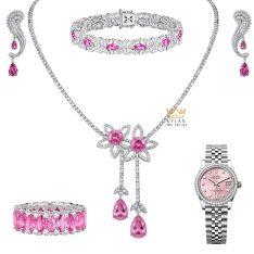 Bộ trang sức kim cương đính đá sapphire hồng