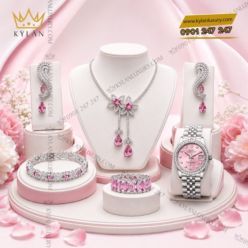 Bộ trang sức kim cương đính đá sapphire hồng