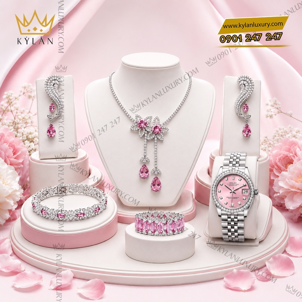 Bộ trang sức kim cương đính đá sapphire hồng