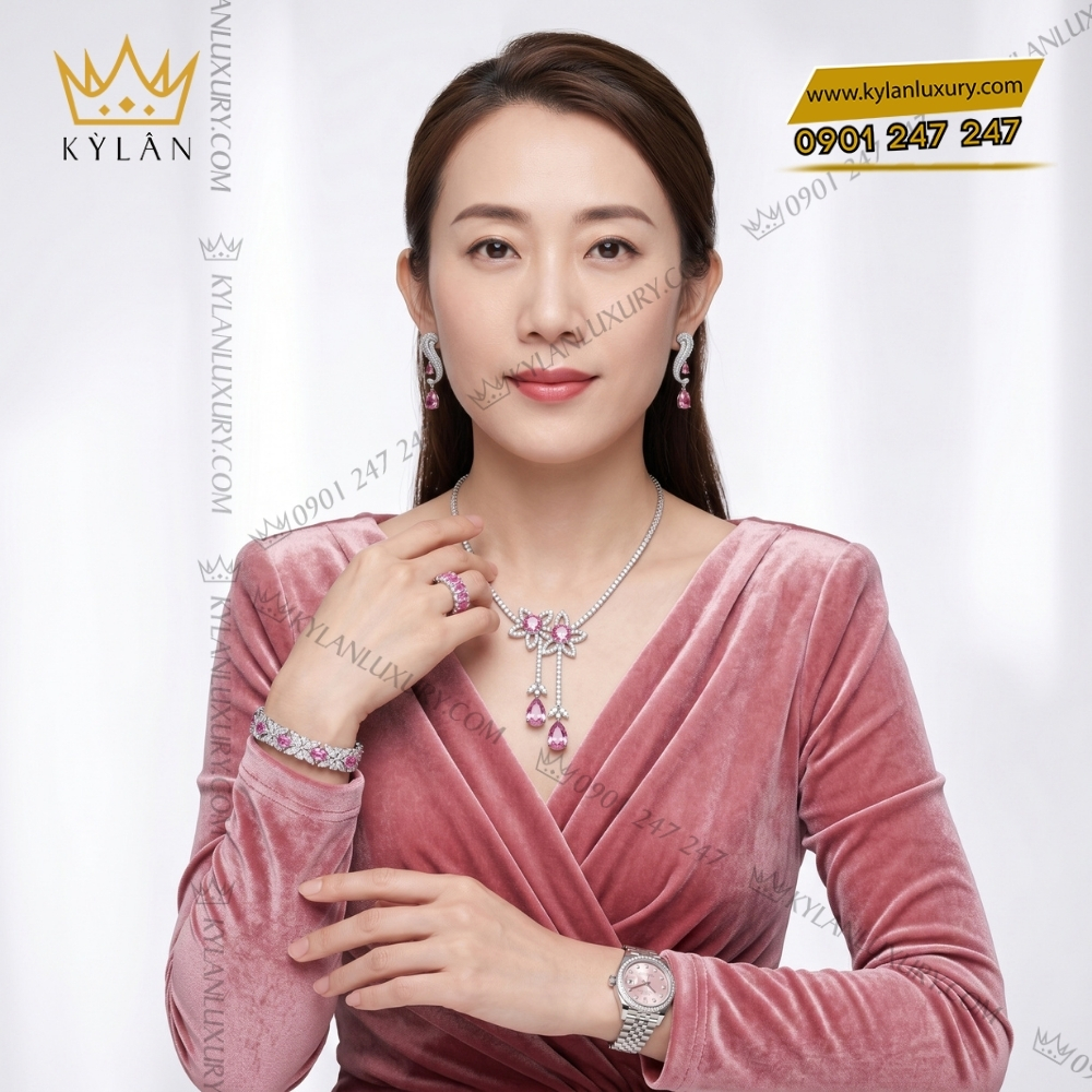 Bộ trang sức kim cương đính đá sapphire hồng