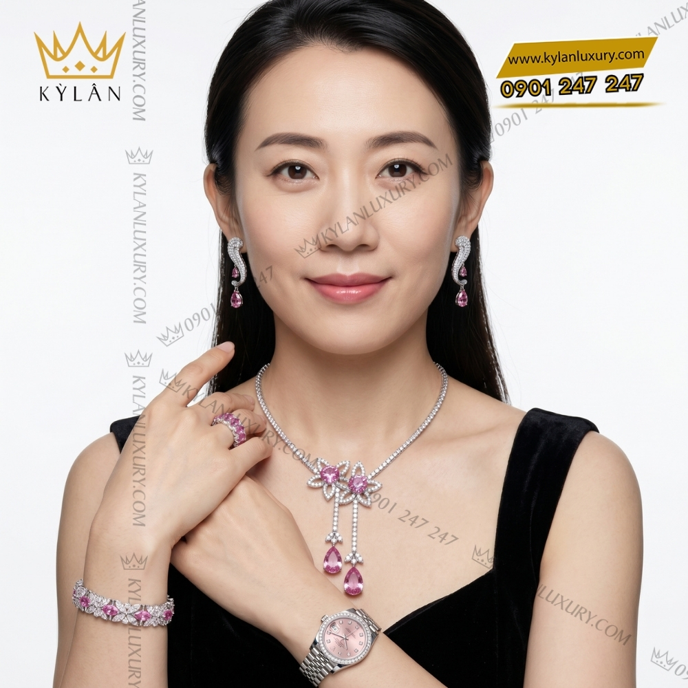 Bộ trang sức kim cương đính đá sapphire hồng