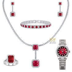 Bộ trang sức kim cương đính sapphire đỏ