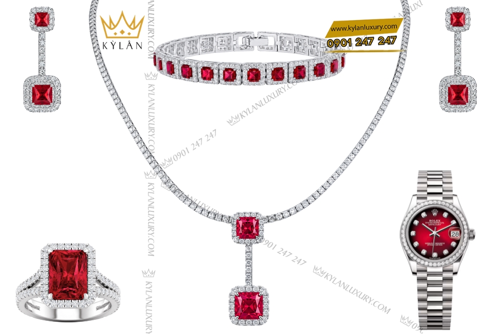 Kỳ Lân Luxury Bo trang suc kim cuong dinh sapphire do 2 Bộ trang sức kim cương đính sapphire đỏ