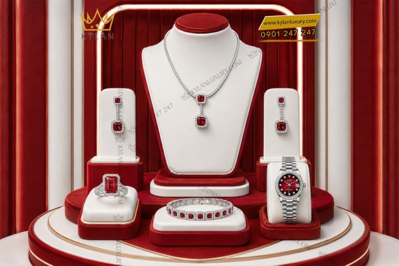 Bộ trang sức kim cương đính sapphire đỏ