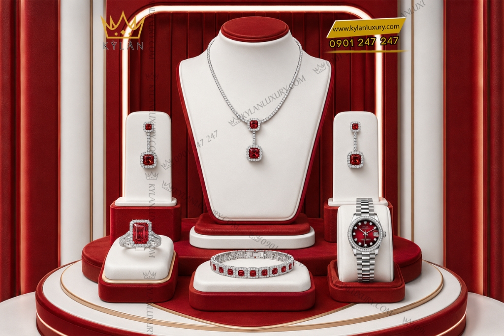 Bộ trang sức kim cương đính sapphire đỏ