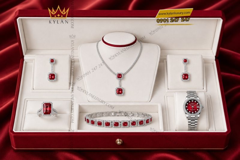 Bộ trang sức kim cương đính sapphire đỏ
