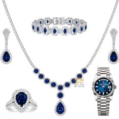 Bộ trang sức kim cương đính sapphire xanh dương