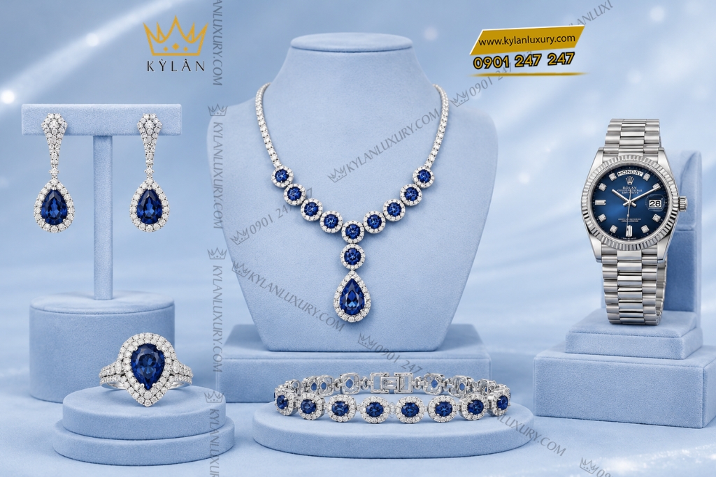 Bộ trang sức kim cương đính sapphire xanh dương