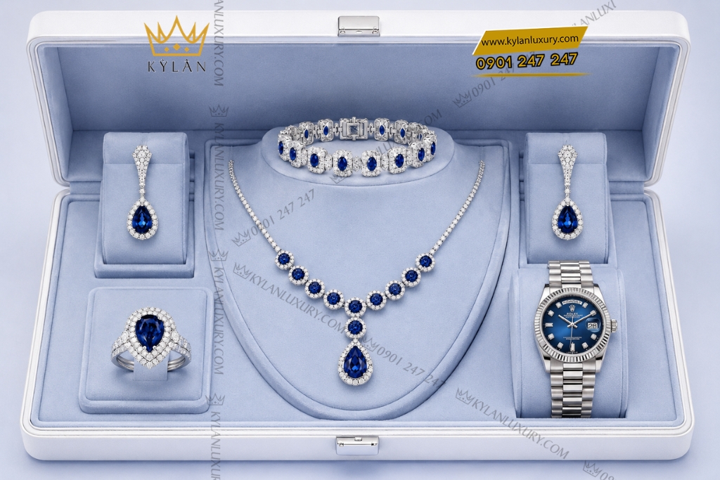 Kỳ Lân Luxury Bo trang suc kim cuong dinh sapphire xanh duong 8 Bộ trang sức kim cương đính sapphire xanh dương